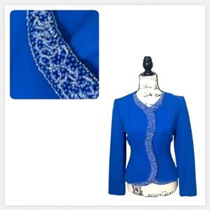 Rina diMontella vintage royal blue blazer beaded collarless neckline medium
